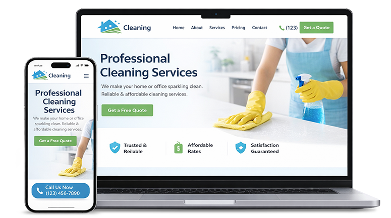 A desktop PC and smart phone with a cleaning business open in a browser